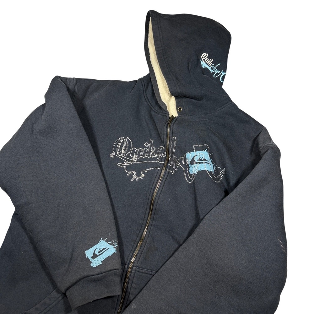 Vintage Quiksilver Mens Sherpa Lined Zip Hoodie Navy Blue Skate Surf Large